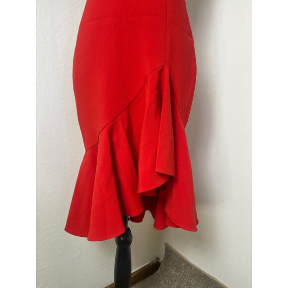 NWT Likely Women's Glam Chic Preppy Ruffle Hem One Shoulder Midi Dress Red 2 - Picture 5 of 11